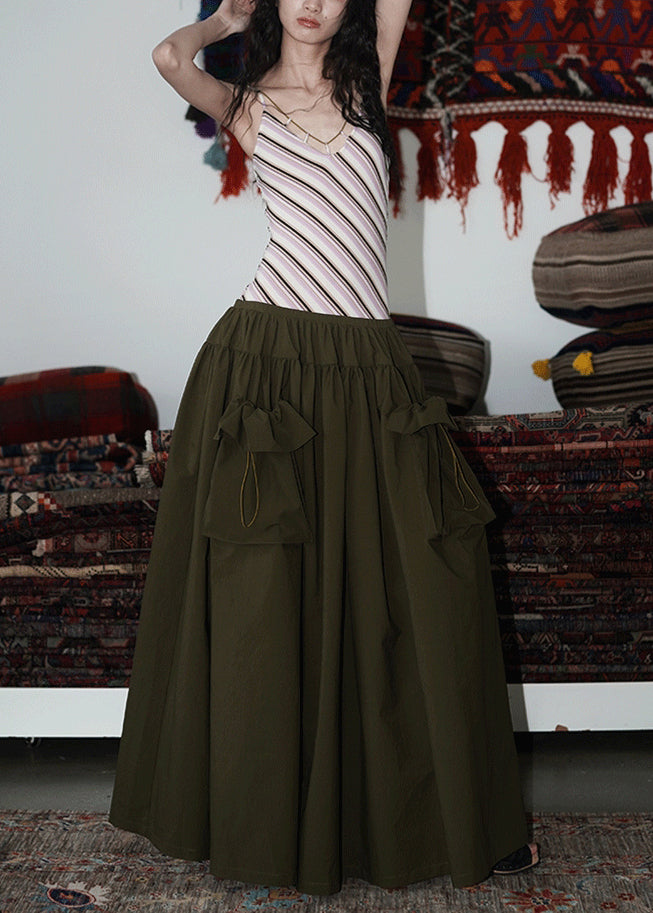 Army Green Pockets Patchwork Cotton Spaghetti Strap Dress V Neck Summer