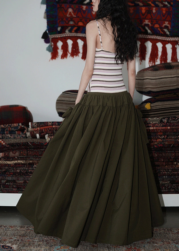 Army Green Pockets Patchwork Cotton Spaghetti Strap Dress V Neck Summer