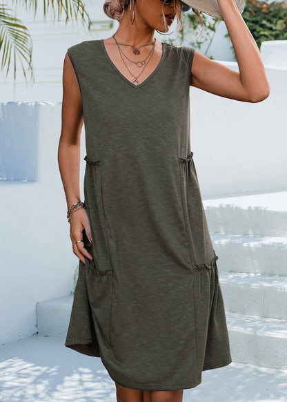 Army Green Pockets Solid Cotton Dress V Neck Summer