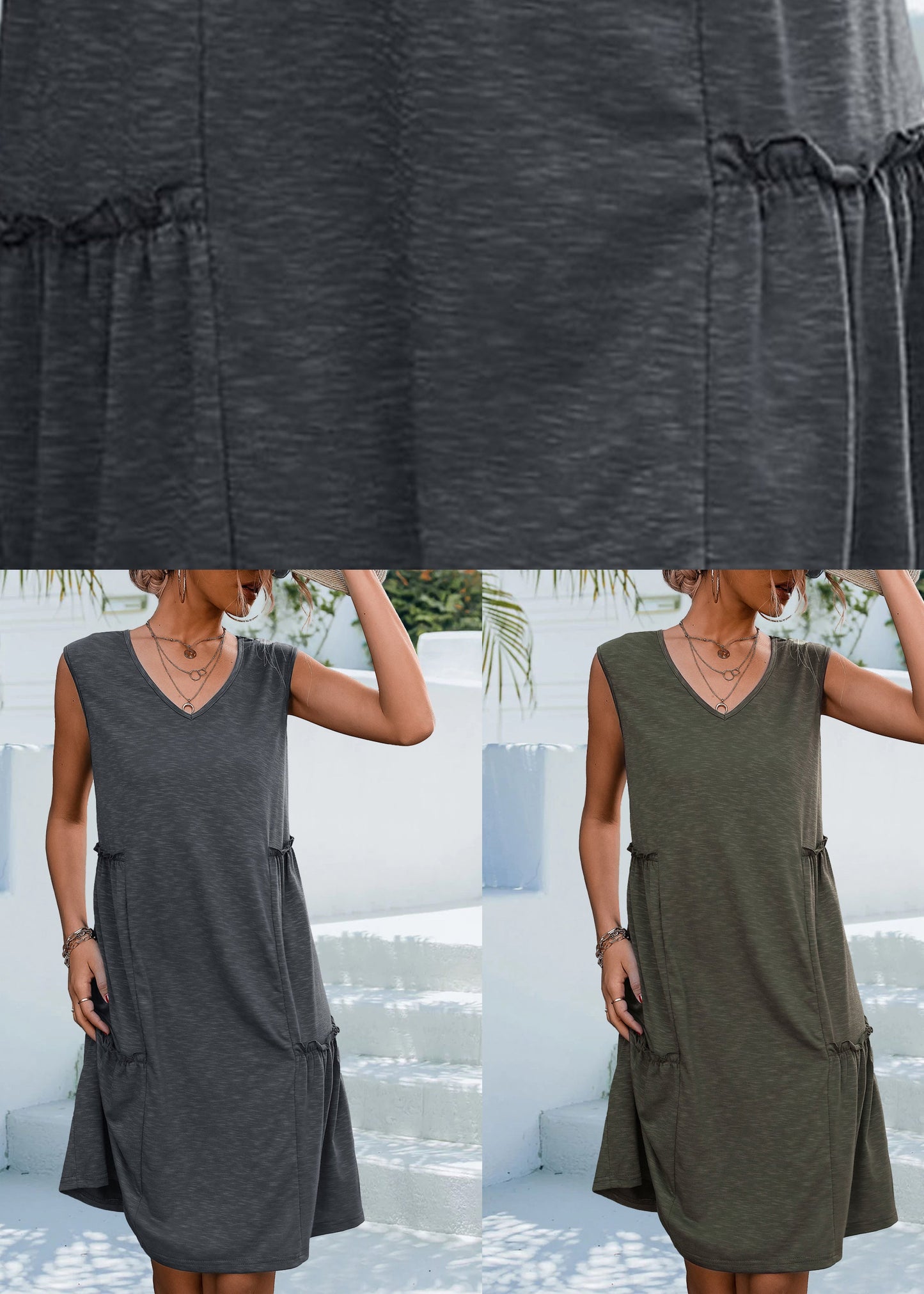 Army Green Pockets Solid Cotton Dress V Neck Summer