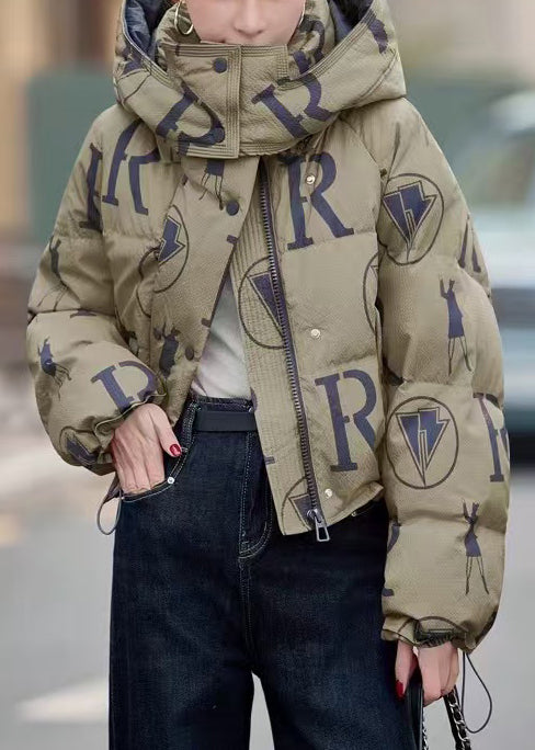 Army Green Print Duck Down Down Coat Hooded Drawstring Winter