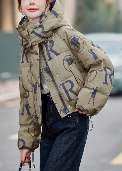 Army Green Print Duck Down Down Coat Hooded Drawstring Winter