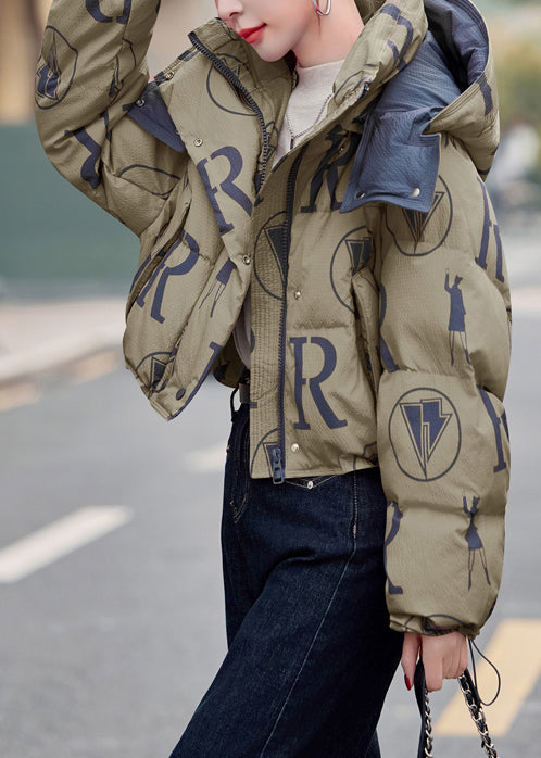Army Green Print Duck Down Down Coat Hooded Drawstring Winter