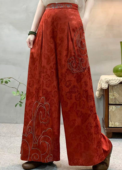 Art Apricot Embroidered Pockets Jacquard Silk Wide Leg Pants Fall