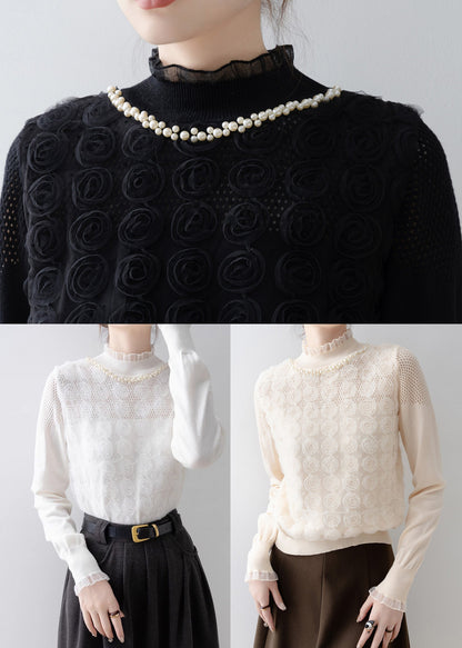 Art Apricot Floral Decorated Nail Bead Knit Blouse Spring