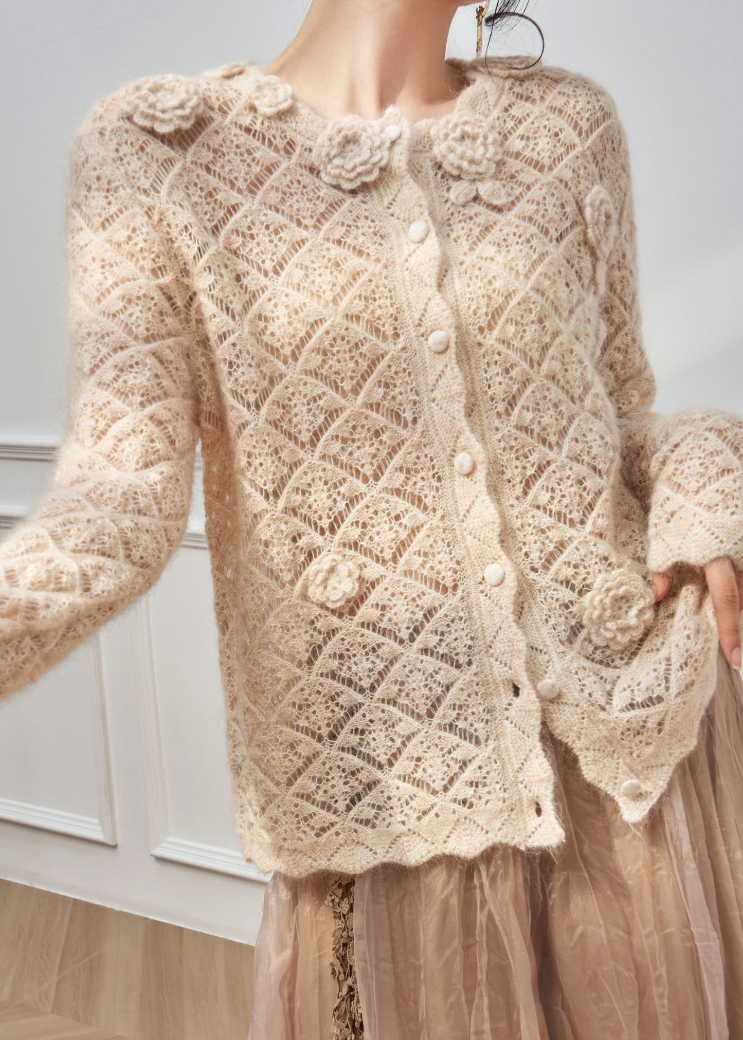 Art Apricot Hollow Out Floral Button Knit Sweater Spring