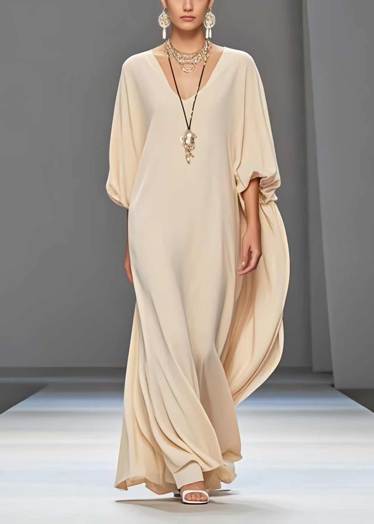 Art Apricot Oversized Draping Chiffon Dress Lantern Sleeve