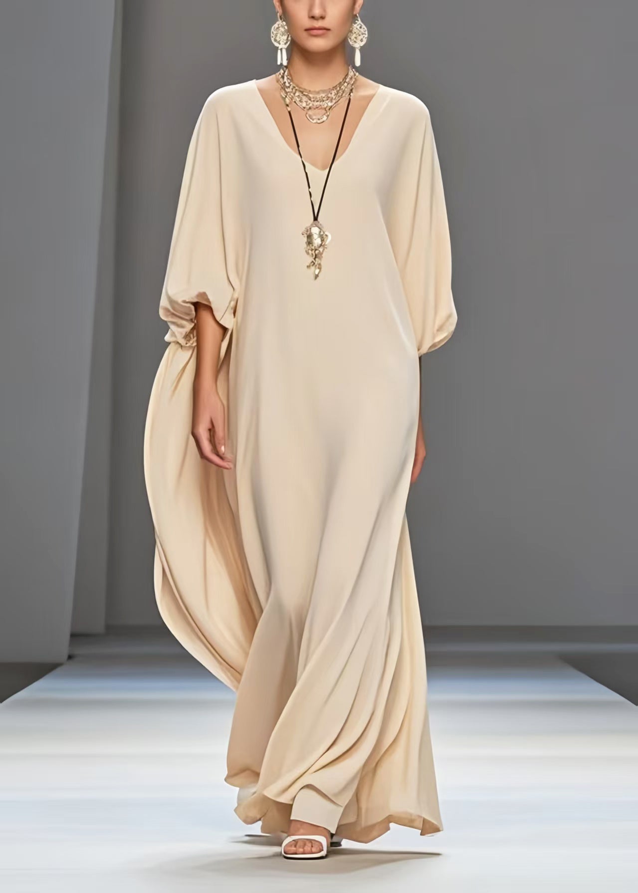 Art Apricot Oversized Draping Chiffon Dress Lantern Sleeve