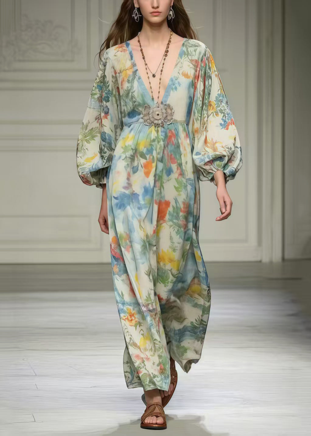 Art Apricot Print Chiffon Robe Dresses V Neck Spring