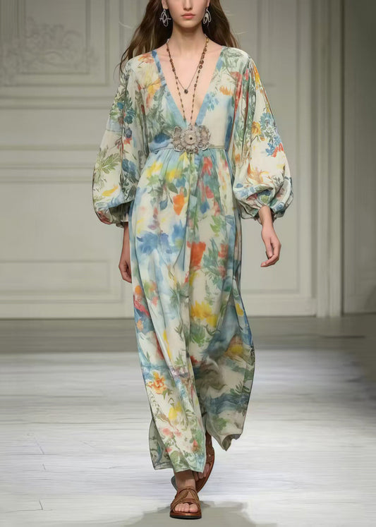 Art Apricot Print Chiffon Robe Dresses V Neck Spring