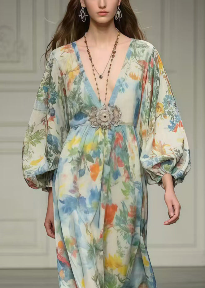 Art Apricot Print Chiffon Robe Dresses V Neck Spring