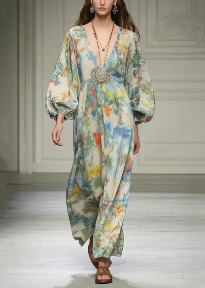 Art Apricot Print Chiffon Robe Dresses V Neck Spring