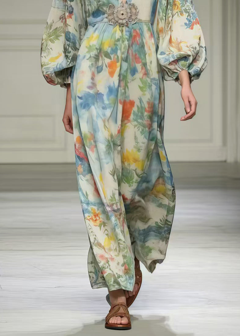 Art Apricot Print Chiffon Robe Dresses V Neck Spring