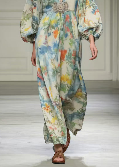 Art Apricot Print Chiffon Robe Dresses V Neck Spring