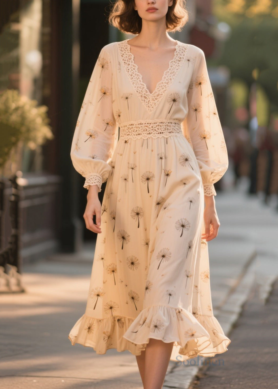 Art Apricot Print Lace Patchwork Chiffon Party Dresses Fall