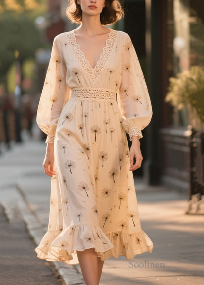 Art Apricot Print Lace Patchwork Chiffon Party Dresses Fall