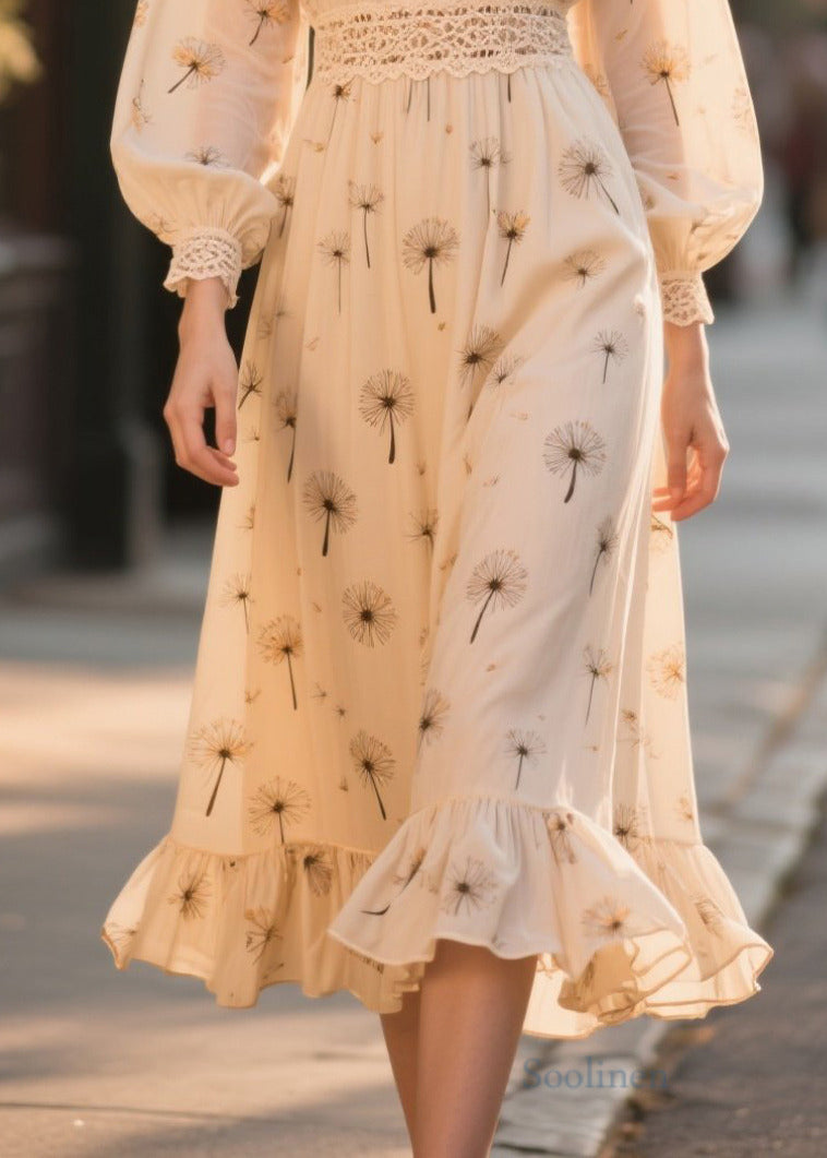 Art Apricot Print Lace Patchwork Chiffon Party Dresses Fall