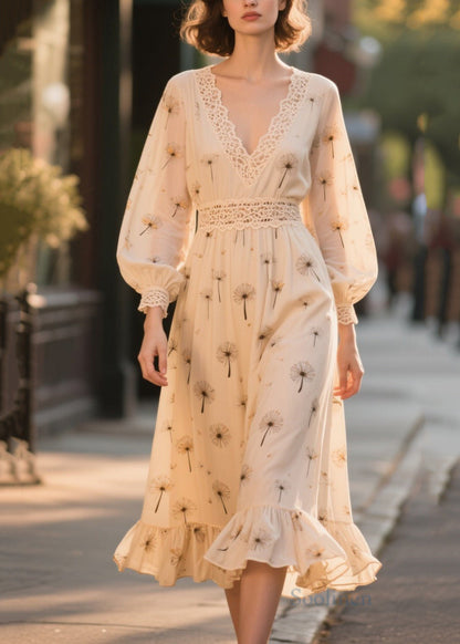 Art Apricot Print Lace Patchwork Chiffon Party Dresses Fall