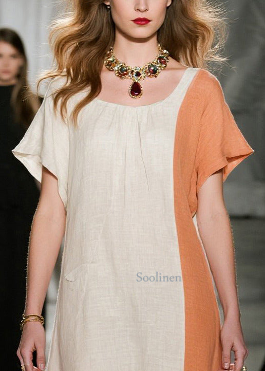 Art Beige Asymmetrical Patchwork Cotton Dresses Summer