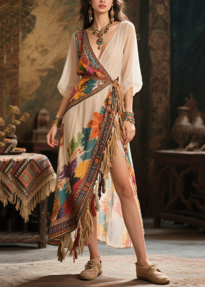 Art Beige Asymmetrical Tasseled Chiffon Dress Summer