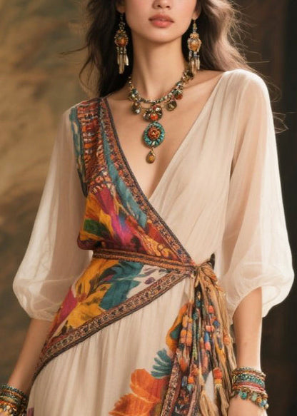 Art Beige Asymmetrical Tasseled Chiffon Dress Summer