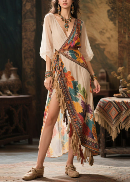 Art Beige Asymmetrical Tasseled Chiffon Dress Summer