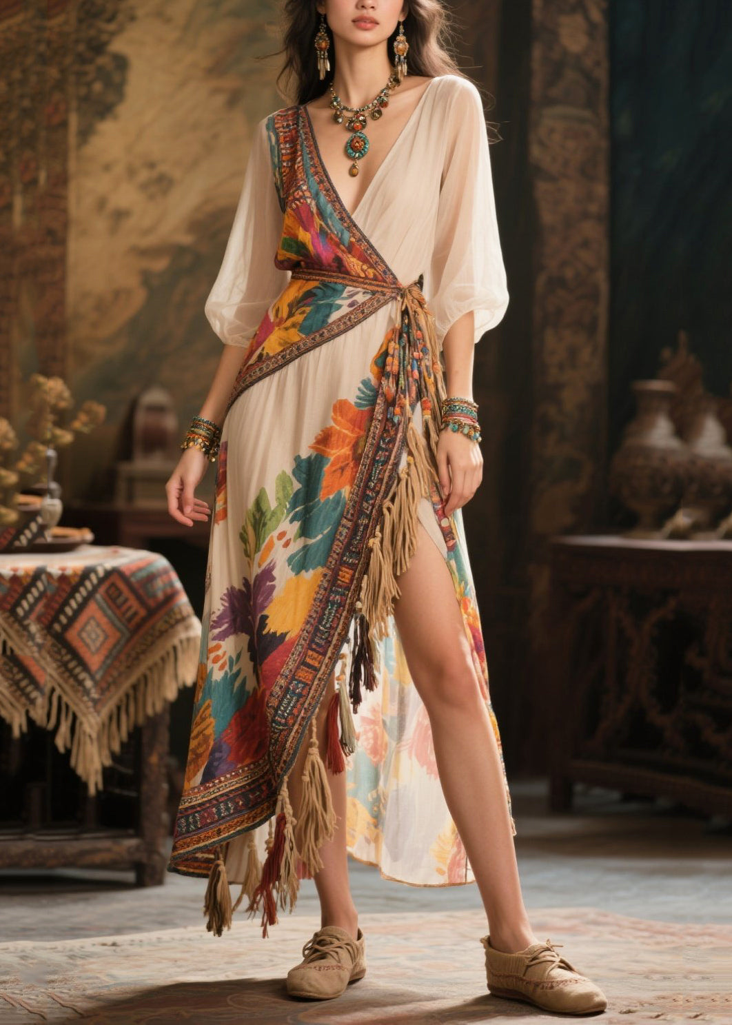 Art Beige Asymmetrical Tasseled Chiffon Dress Summer