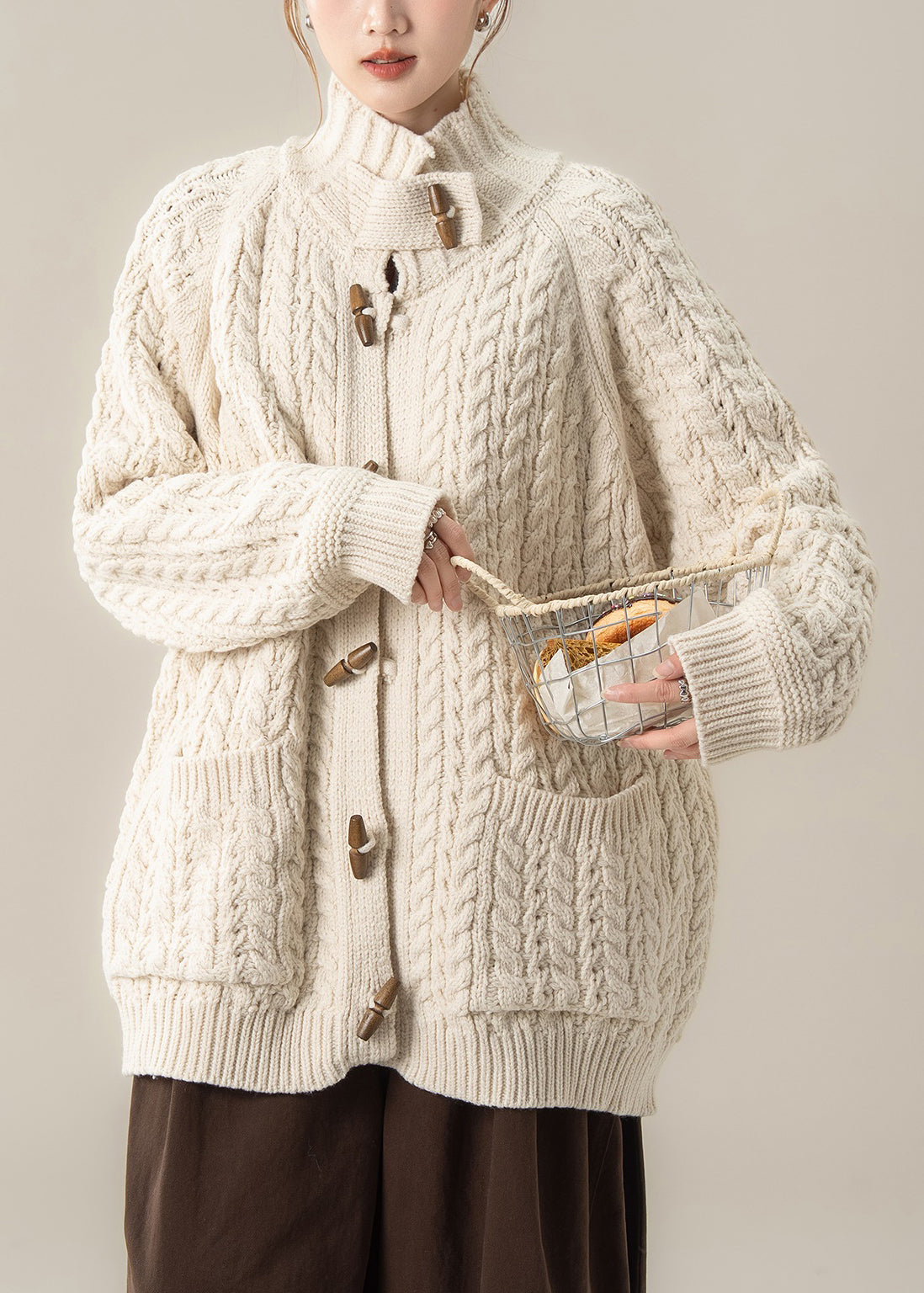 Art Beige Button Pockets Cozy Knit Coats Winter