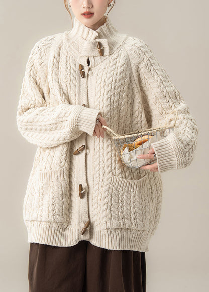 Art Beige Button Pockets Cozy Knit Coats Winter