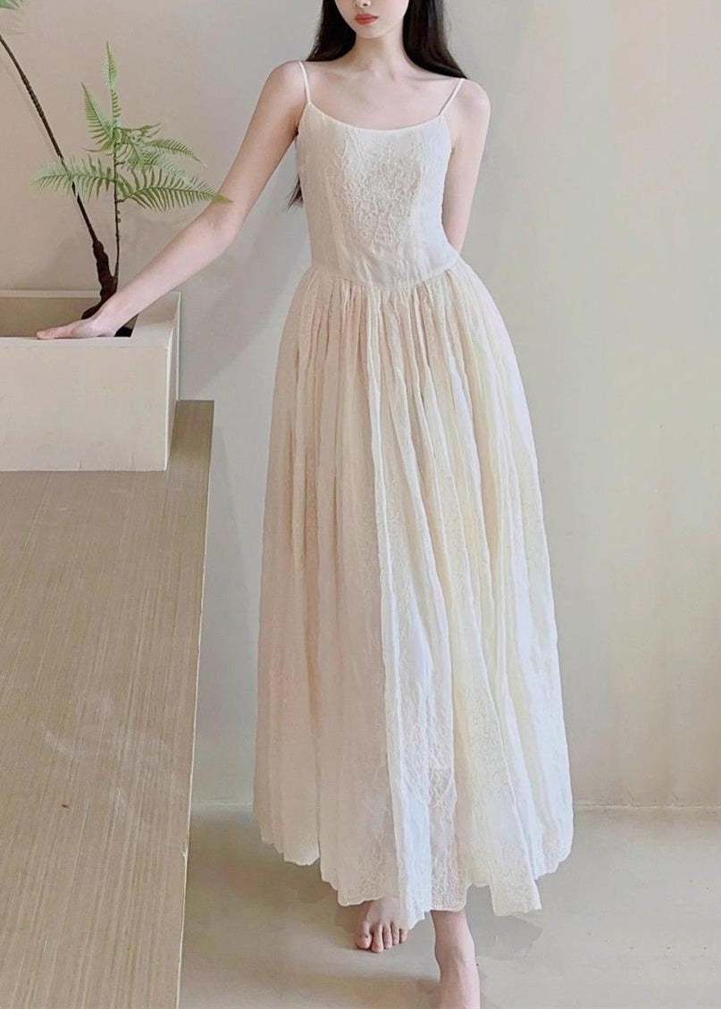 Art Beige Embroidered High Waist Cotton Spaghetti Strap Dress Sleeveless
