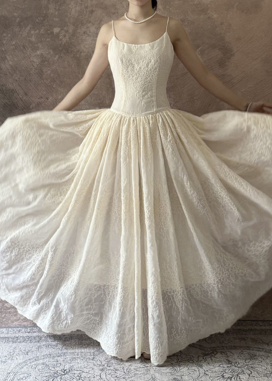 Art Beige Embroidered High Waist Cotton Spaghetti Strap Dress Sleeveless