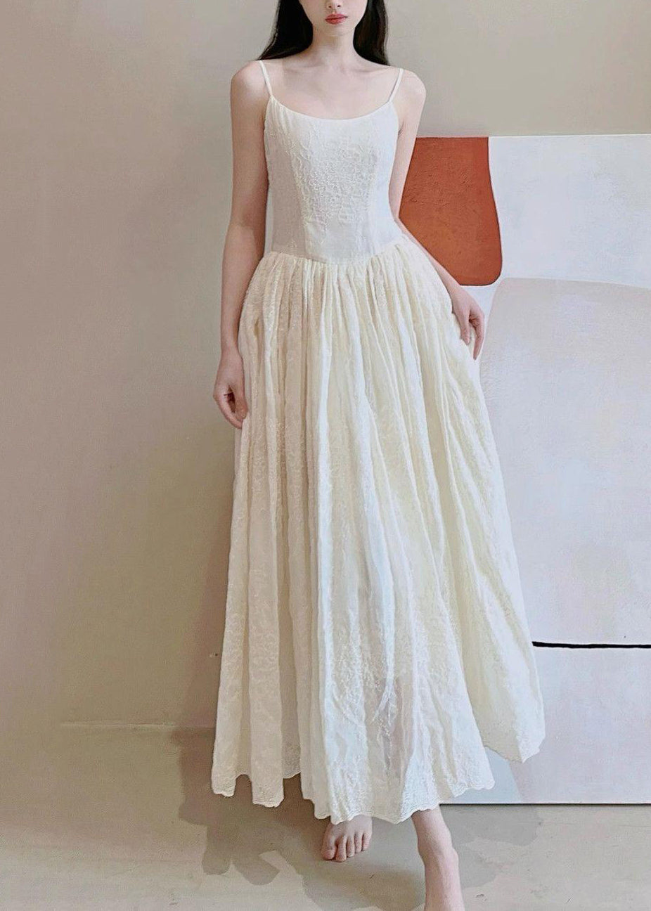 Art Beige Embroidered High Waist Cotton Spaghetti Strap Dress Sleeveless