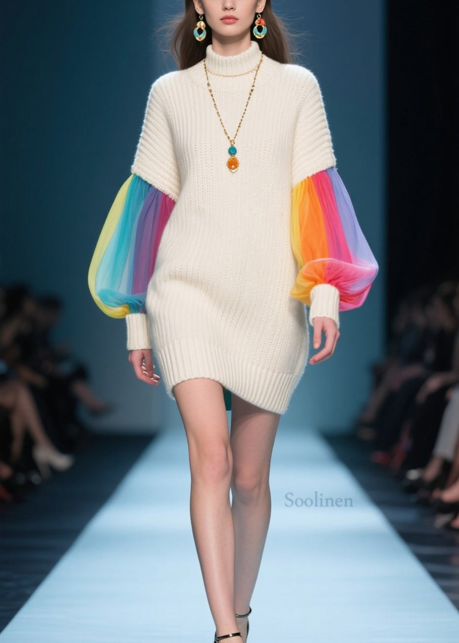 Art Beige Hign Neck Tulle Patchwork Knit Sweater Dress Fall