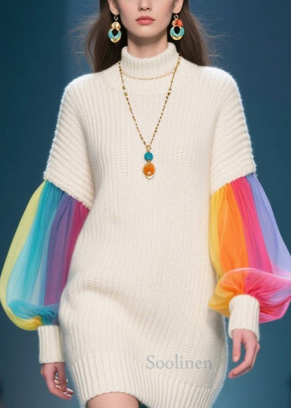 Art Beige Hign Neck Tulle Patchwork Knit Sweater Dress Fall