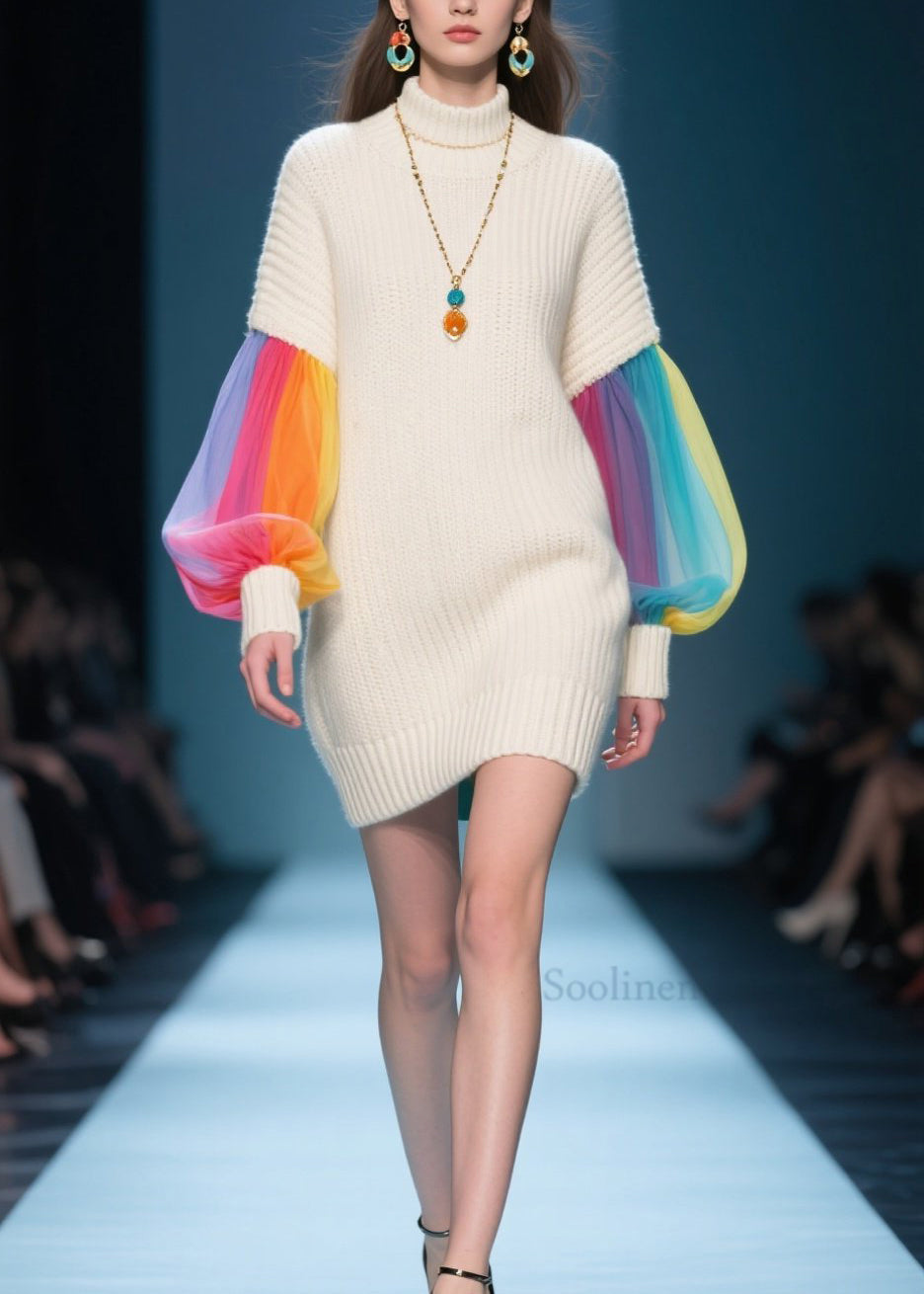 Art Beige Hign Neck Tulle Patchwork Knit Sweater Dress Fall
