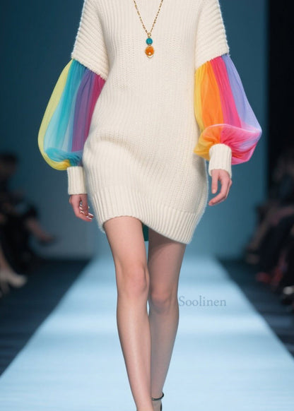 Art Beige Hign Neck Tulle Patchwork Knit Sweater Dress Fall