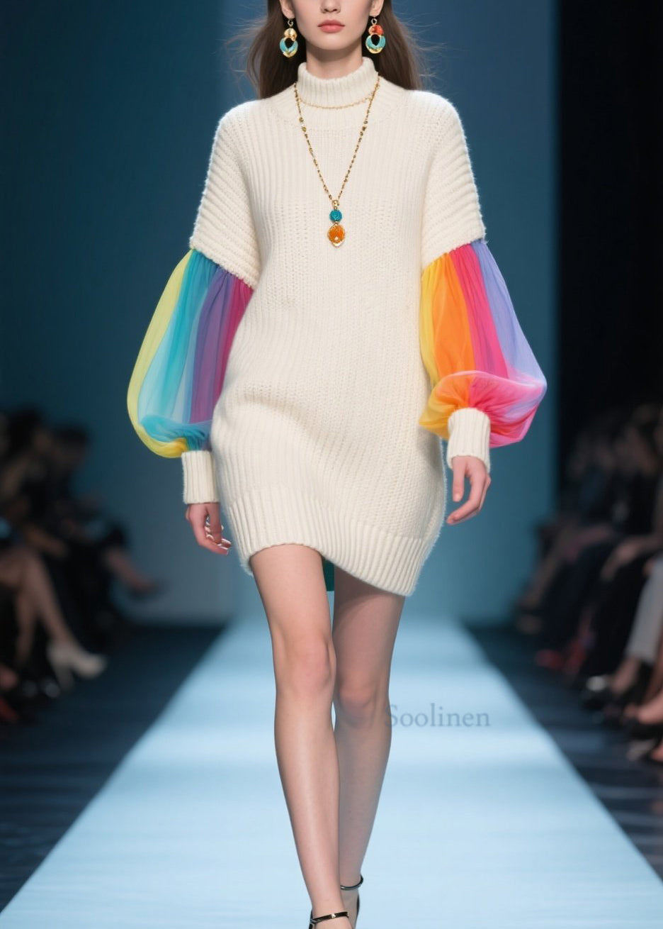 Art Beige Hign Neck Tulle Patchwork Knit Sweater Dress Fall