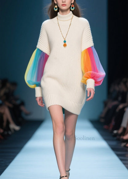 Art Beige Hign Neck Tulle Patchwork Knit Sweater Dress Fall