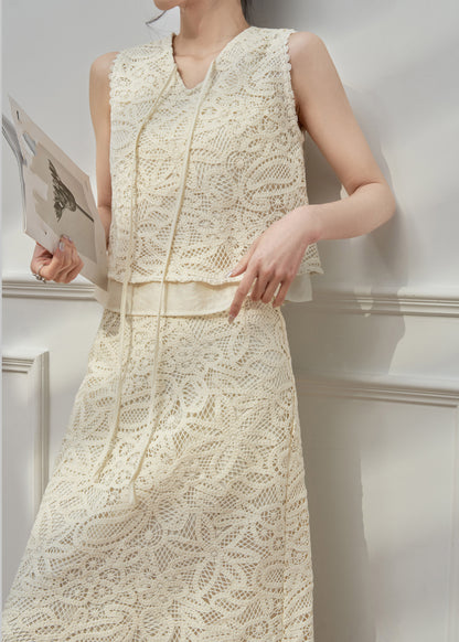 Art Beige Hollow Out Top And Maxi Skirts Two Pieces Set Sleeveless