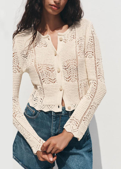 Art Beige O Neck Button Hollow Out Knit Tops Summer