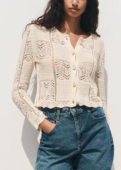 Art Beige O Neck Button Hollow Out Knit Tops Summer