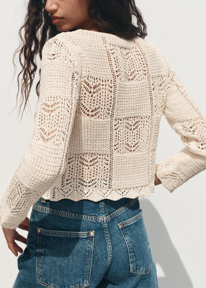 Art Beige O Neck Button Hollow Out Knit Tops Summer