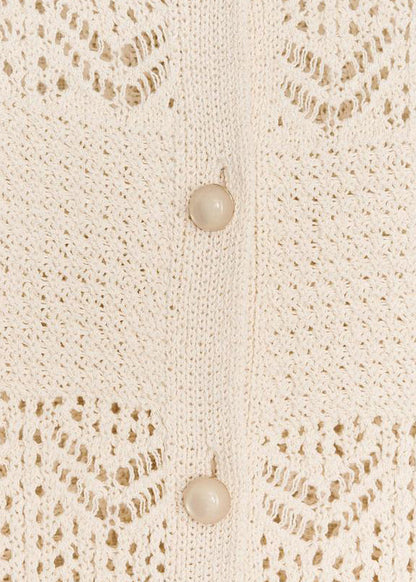 Art Beige O Neck Button Hollow Out Knit Tops Summer