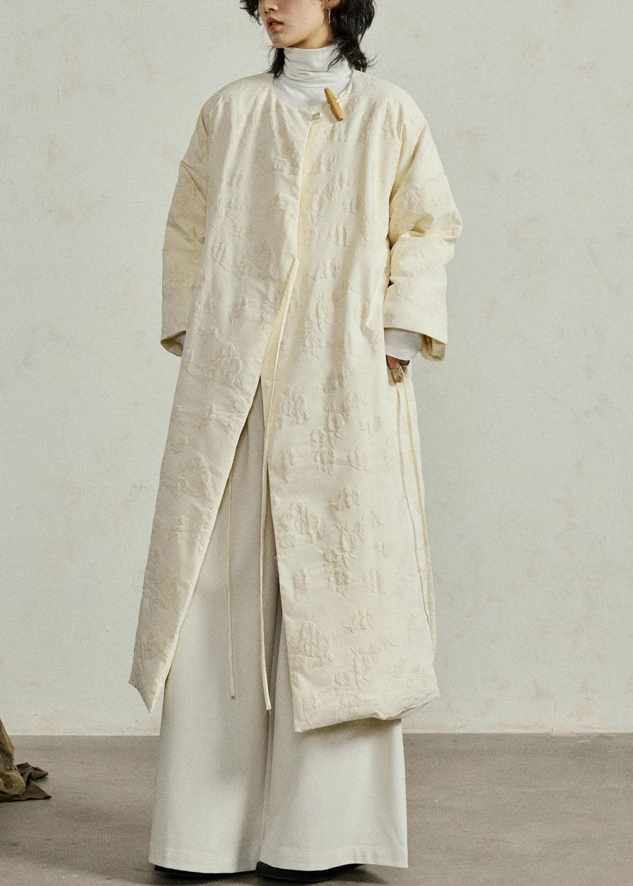 Art Beige O-Neck Lace Up Pockets Duck Down Coat Winter