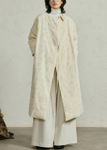 Art Beige O-Neck Lace Up Pockets Duck Down Coat Winter