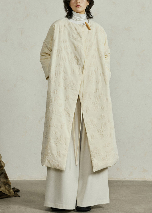 Art Beige O-Neck Lace Up Pockets Duck Down Coat Winter