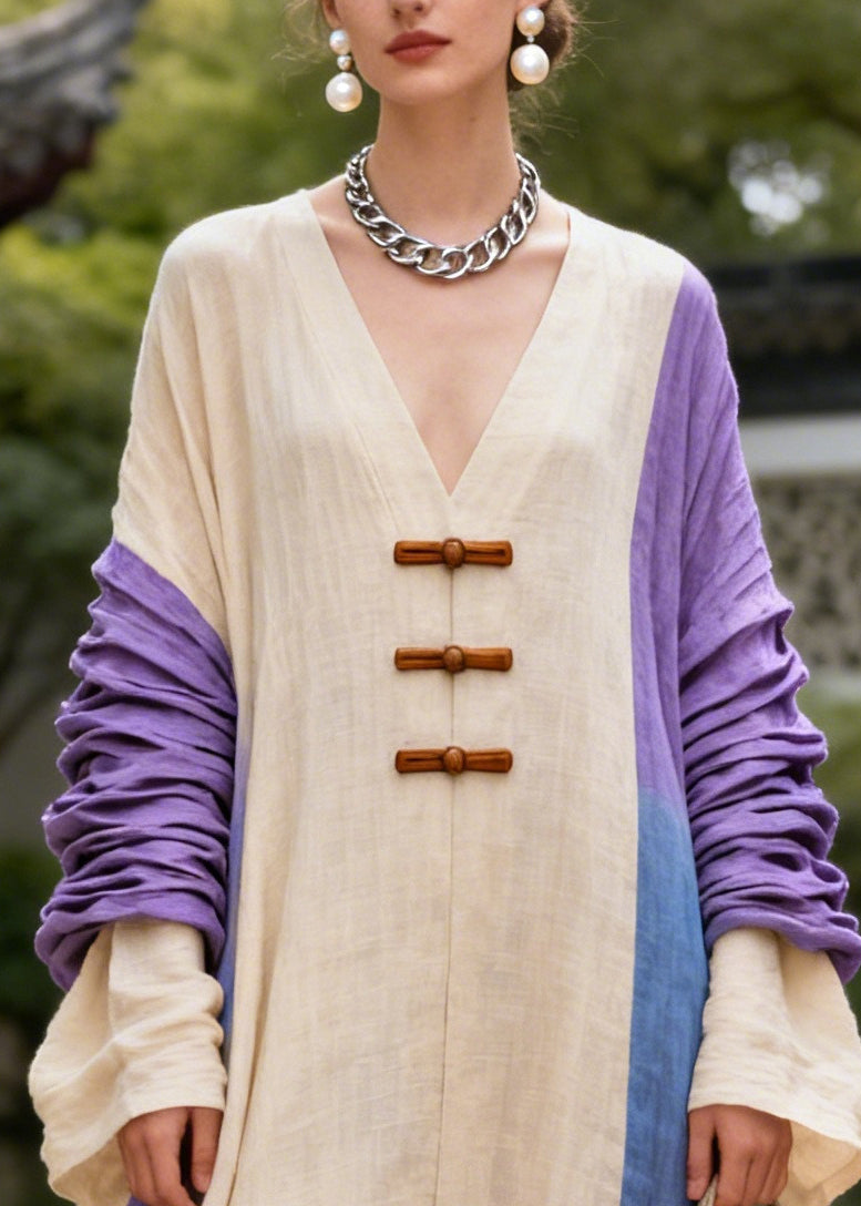 Art Beige Oversized Patchwork Chinese Button Cotton Maxi Dresses Fall