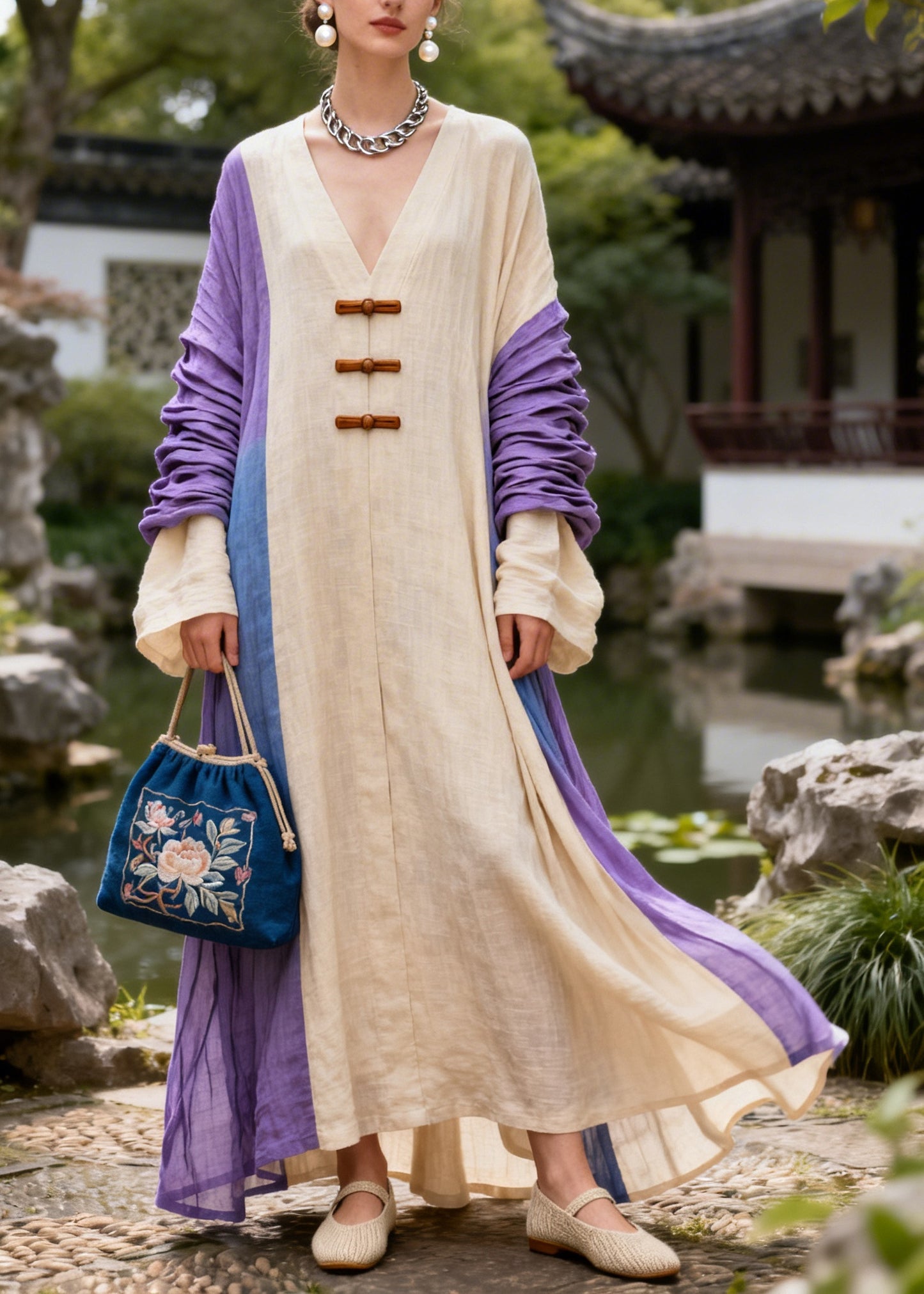 Art Beige Oversized Patchwork Chinese Button Cotton Maxi Dresses Fall