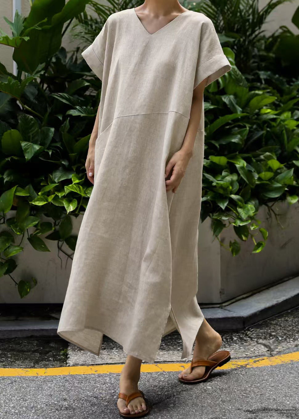 Art Beige Oversized Patchwork Linen Holiday Dresses Summer