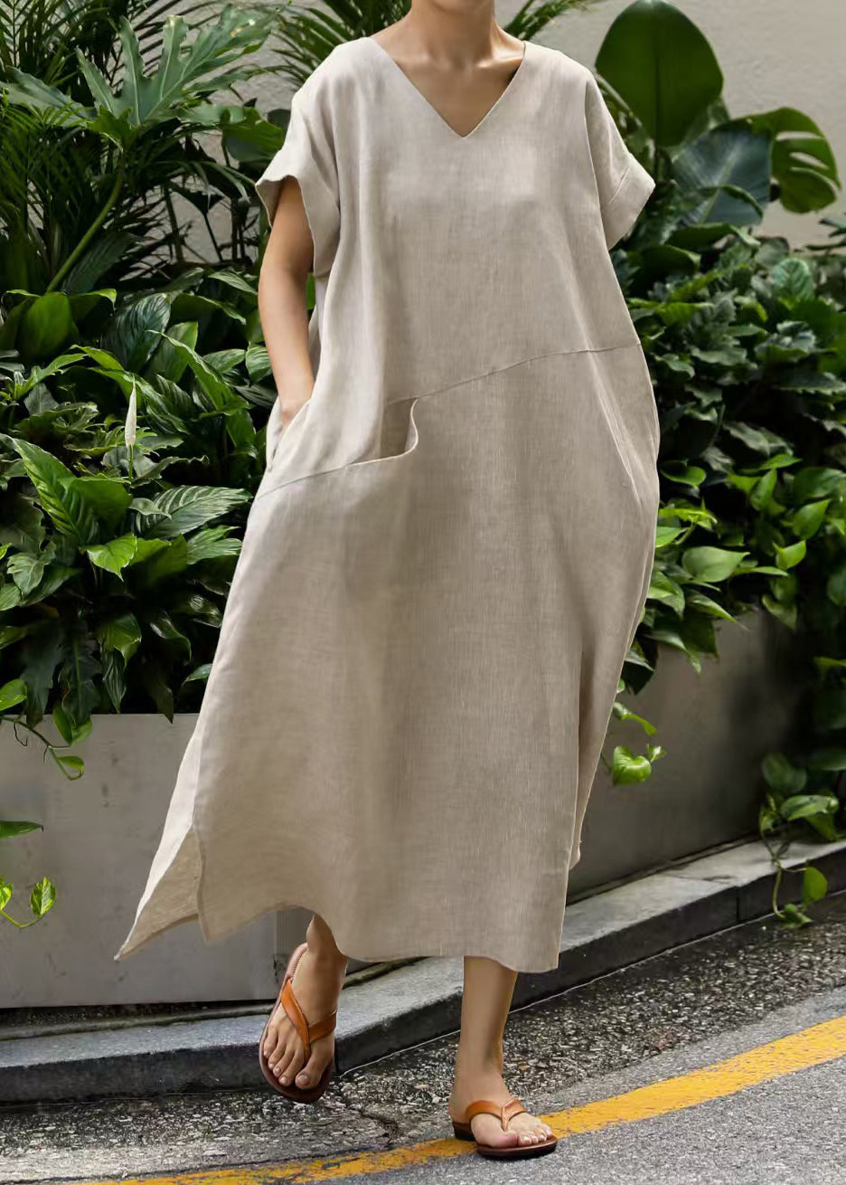Art Beige Oversized Patchwork Linen Holiday Dresses Summer